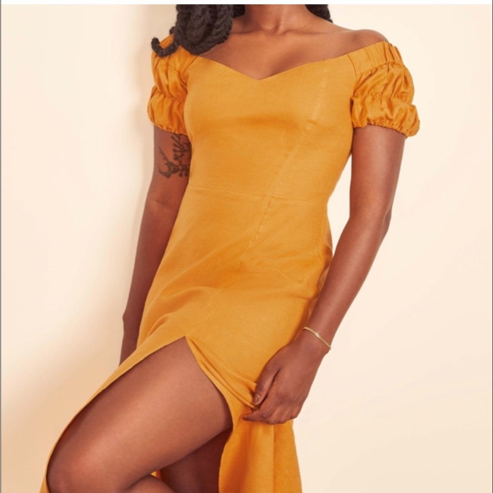Reformation Canopy Linen Dress in Ochre Golden Yellow